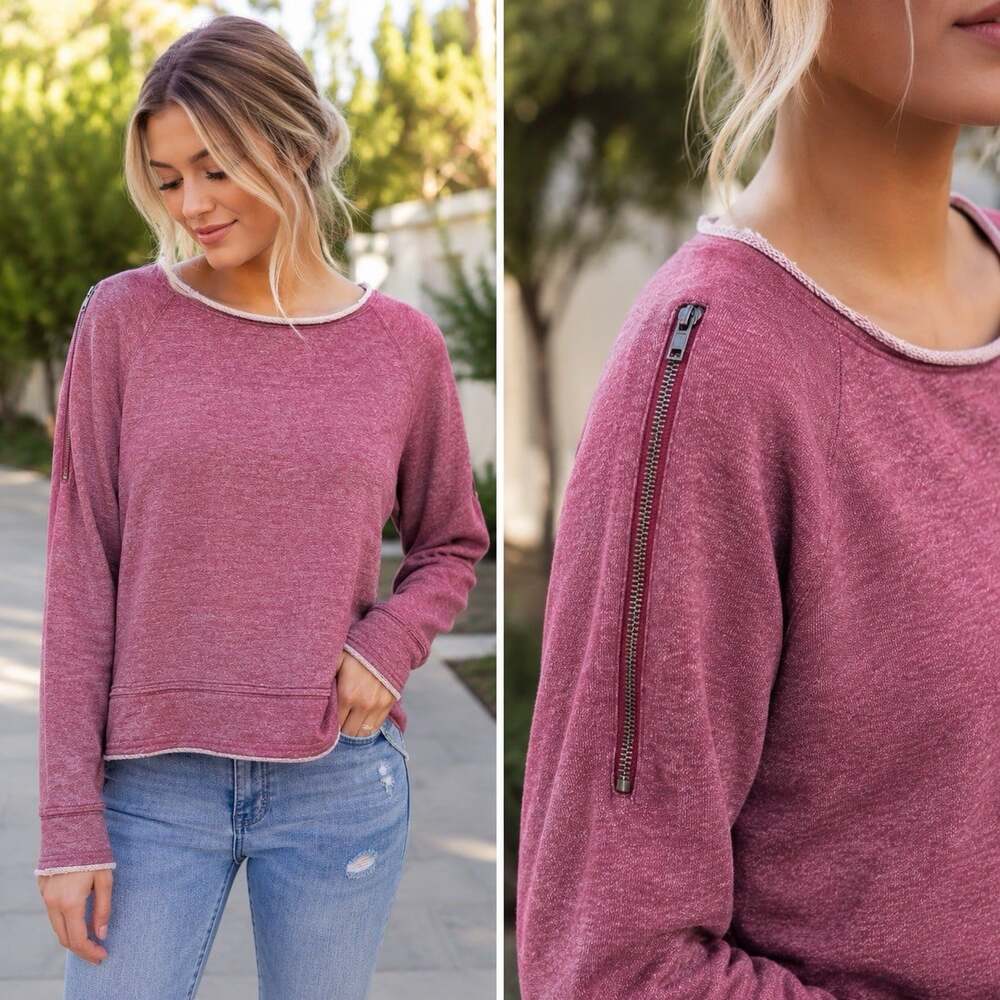 Rock & Republic Sz M Berry Red Long Sleeve Zipper Shoulder Cropped Sweatshirt